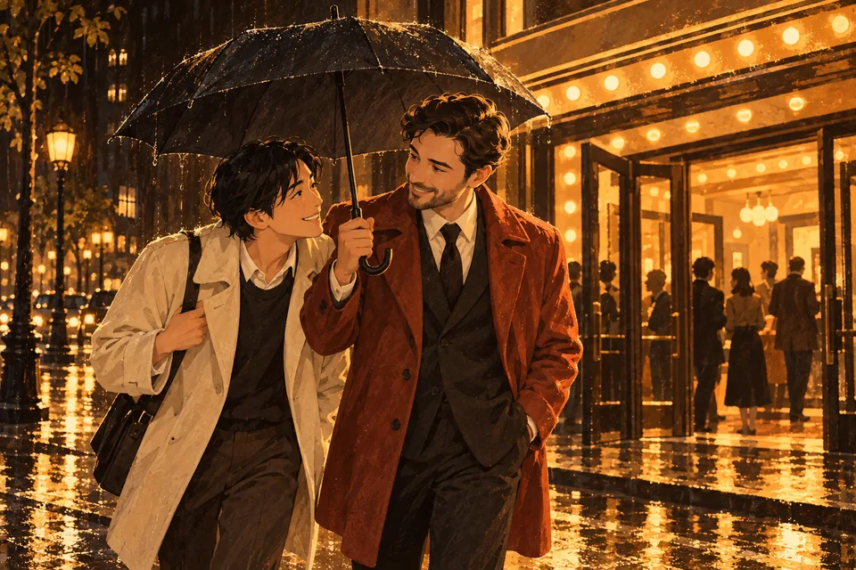 雨の映画館前で傘に入れてくれた友人に感謝する場面のイラスト